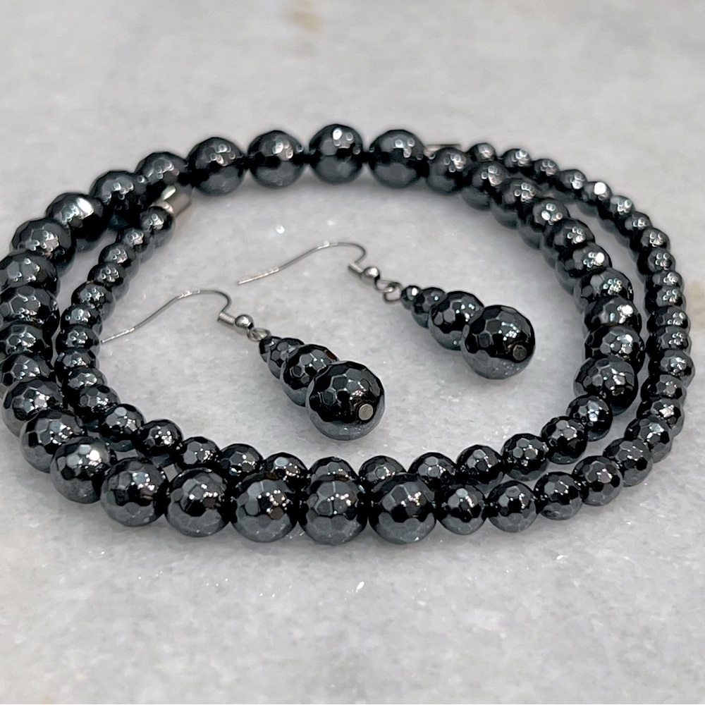 Hematite Multifaceted Ball Bead Silver Necklace and Dangle Earrings